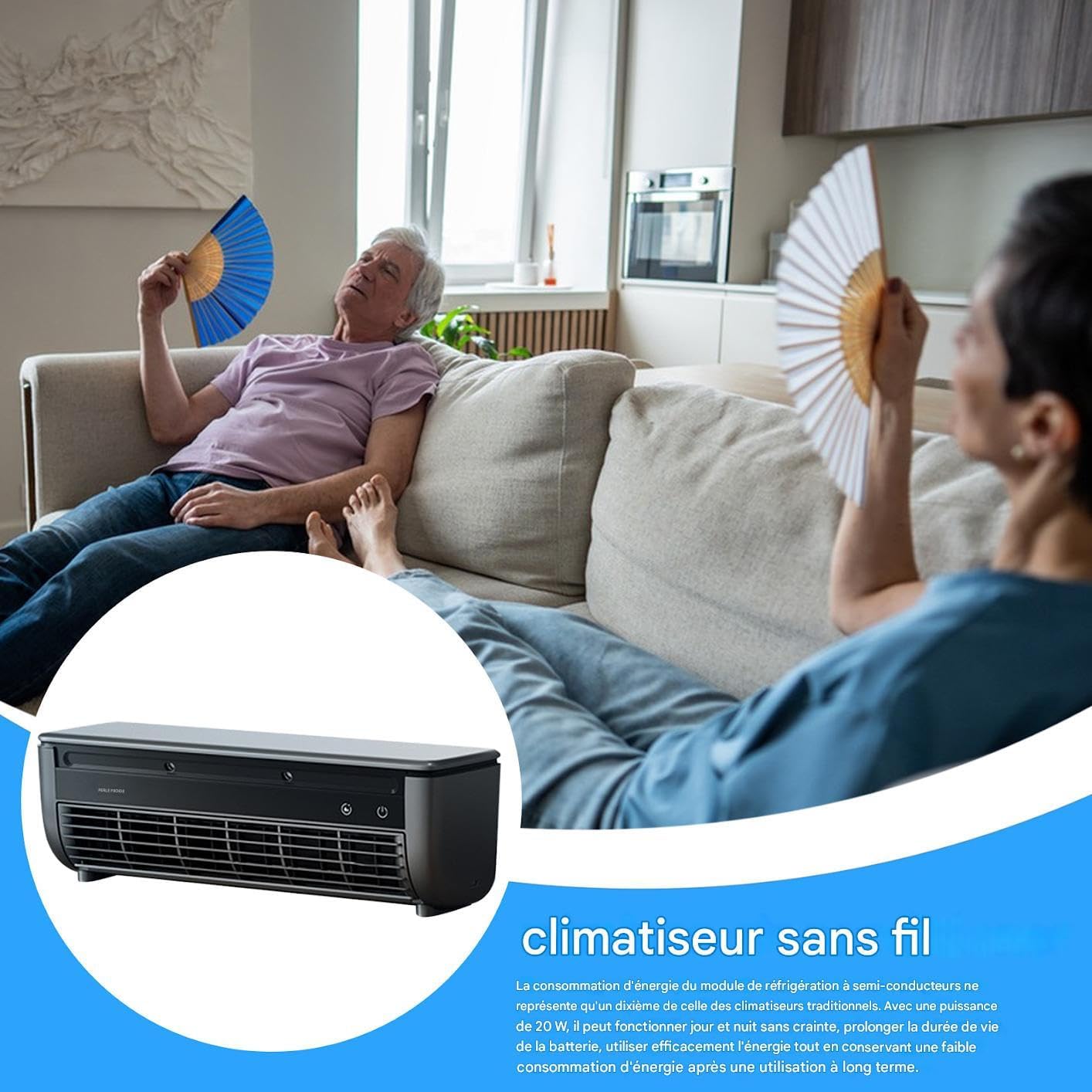 Ventilateur Avec Climatiseur,Ventilateur Climatiseur Mural - Avec Chargeur Sans Fil Et Rafraîchisseur - Pour Intérieur Cuisine Extérieur Salle De Bain Maison Voyage