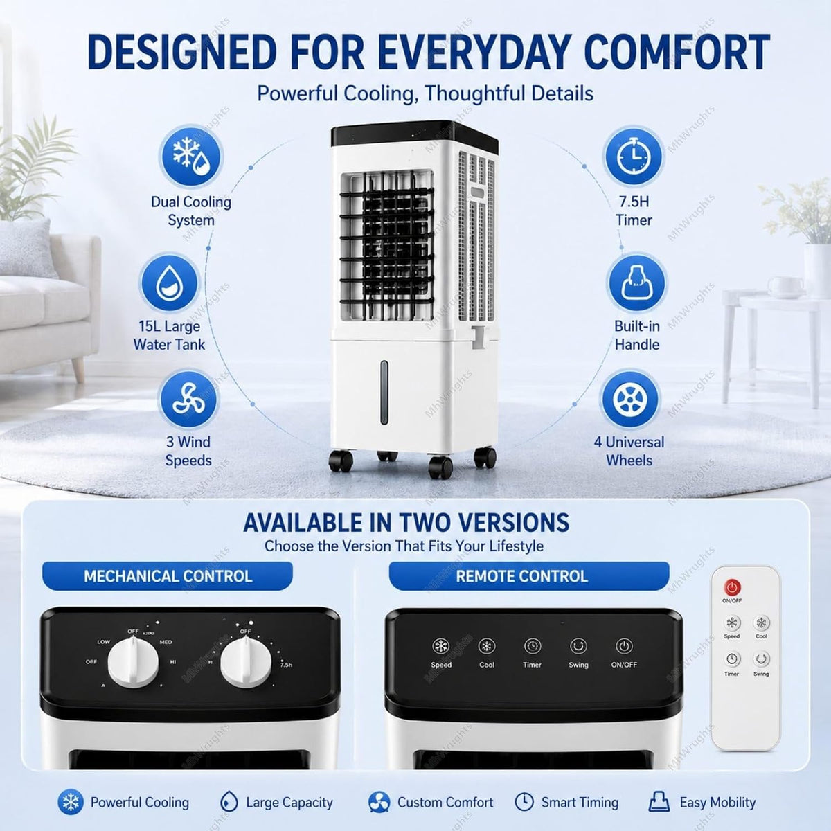 Ventilateur Climatiseur Portable 15L, Rafraîchisseur D'air Par évaporation Sans Fenêtre, 3 Vitesses Et Minuterie 7,5 H Pour Appartement, Chambre Ou Bureau RemoteControl