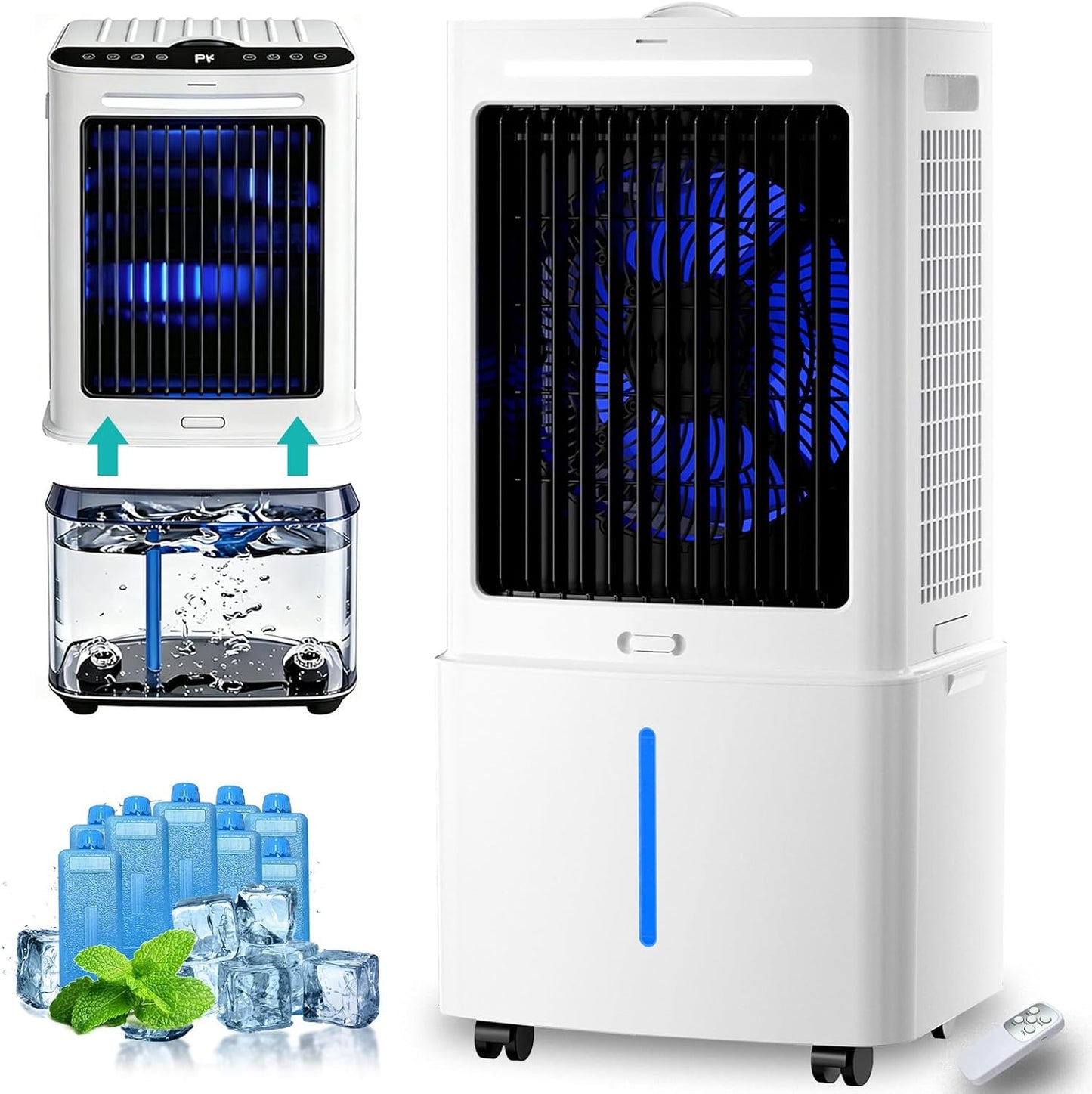 Rafraîchisseur D'air Évaporatif 12L (Alternative Climatiseur Mobile Sans Évacuation), 800 M³/h Puissant Portable, 3-en-1 Ventilateur & Humidificateur Avec Télécommande, Minuteur 12H, 8 Pains De Glace