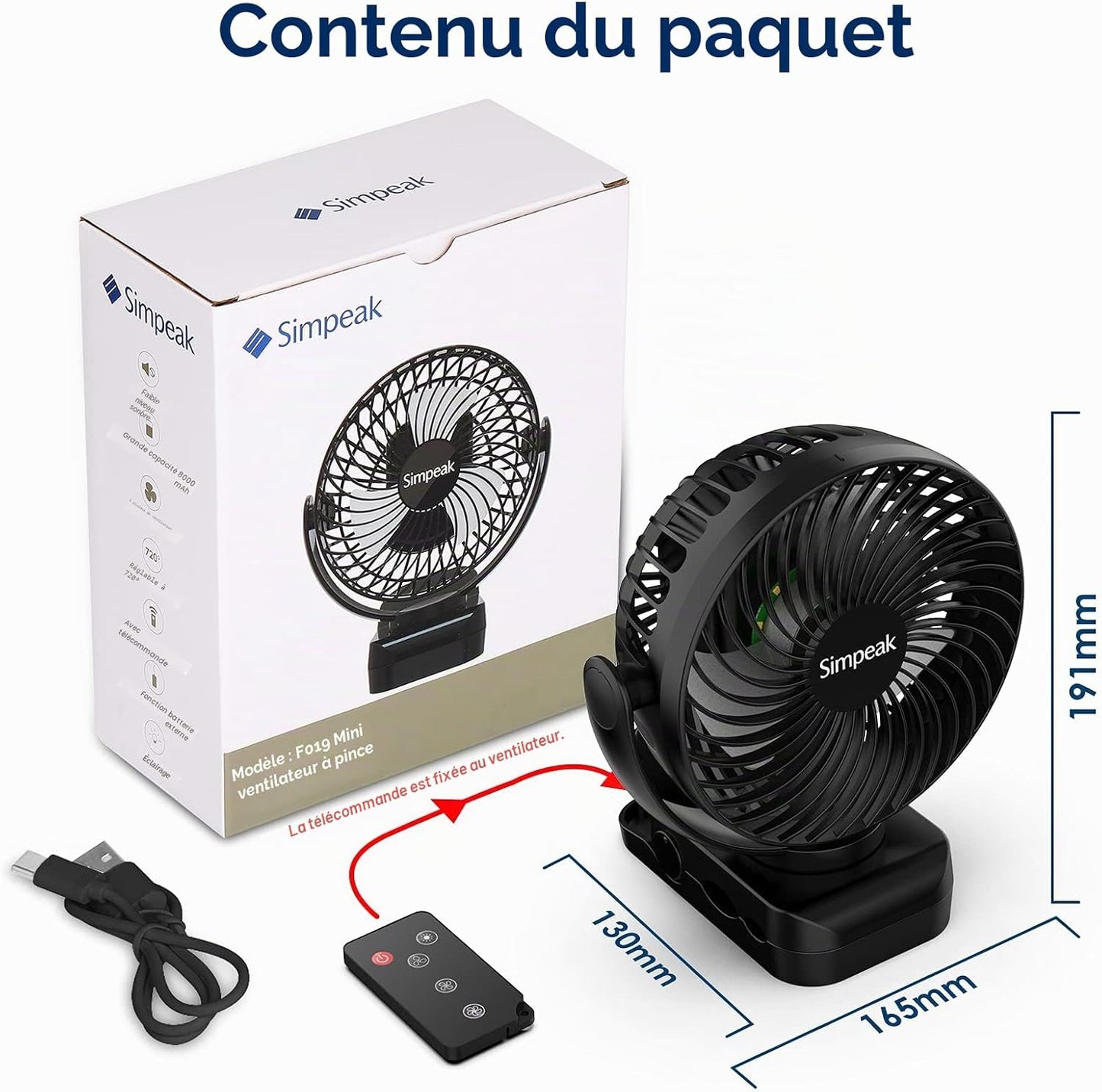 Simpeak 8000 MAh Ventilateur USB Avec Télécommande Mini Ventilateur Portable De Camping Ventilateur De Table Pince Avec 3 Vitesses| 3 Modes De Lumière LED| Rotation à 720°