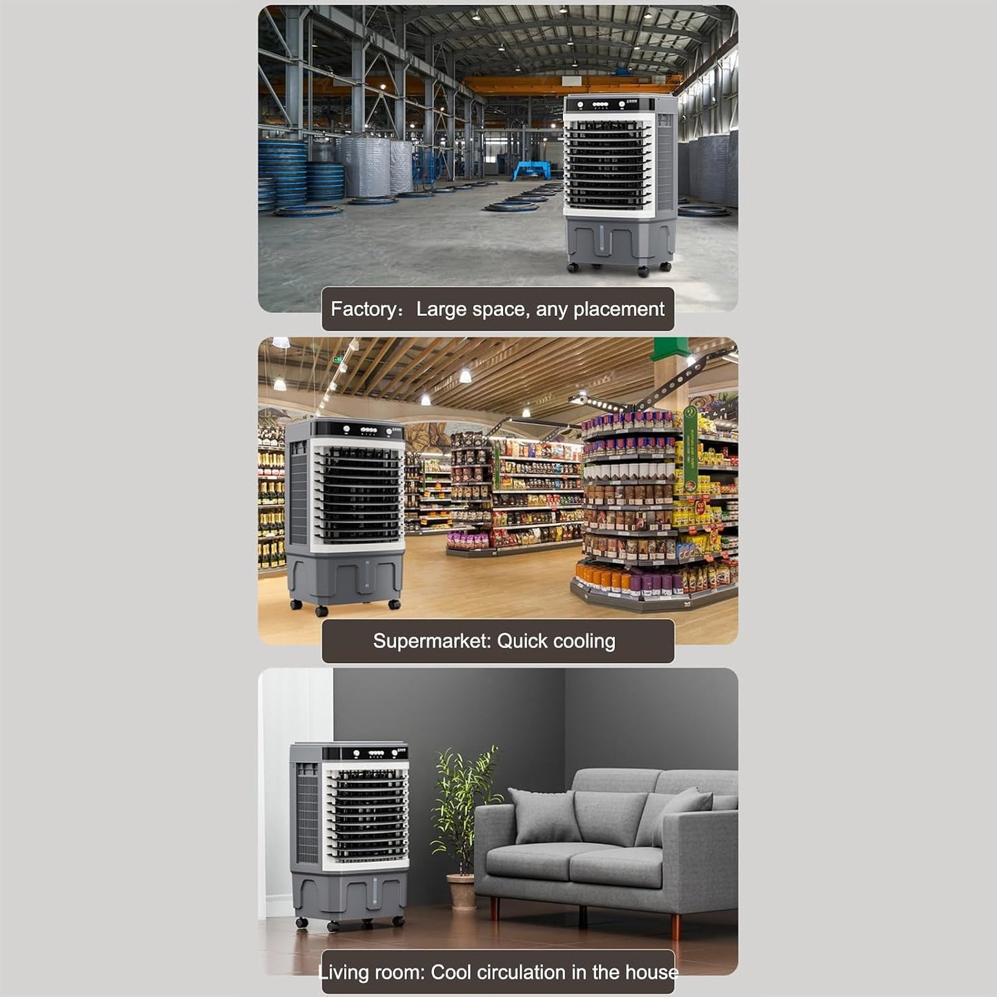 Refroidisseur D'air évaporatif Commercial 3 En 1 Avec Oscillation à 120°, 3 Vitesses De Ventilation, Réservoir D'eau Grande Capacité, Roues Pivotantes, Pour Grandes Pièces, Usine, Extérieur (80 X 43