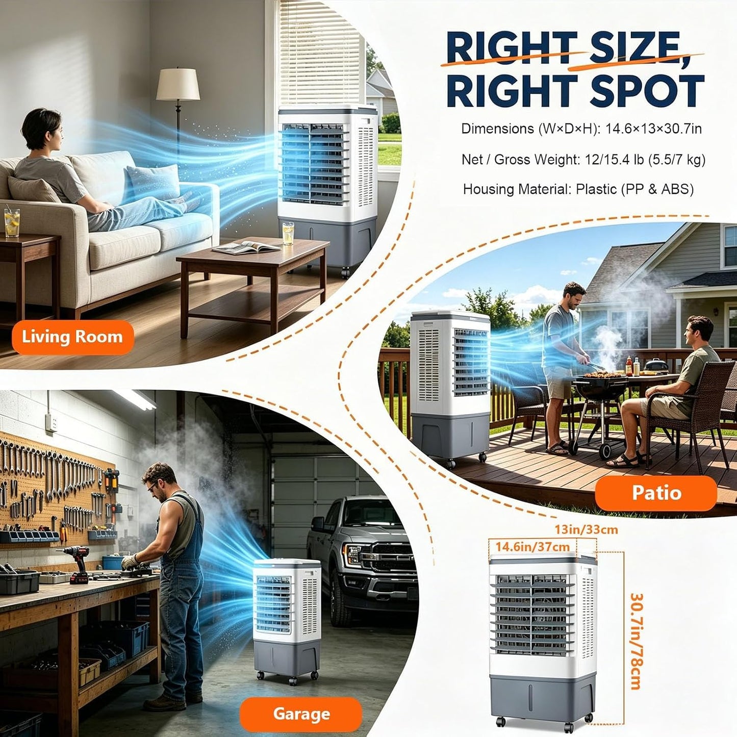 GENERIC Refroidisseur D'air Et Ventilateur 3 En 1, Rotation Automatique à 120°, 4 Roulettes Lisses, Réservoir De 20 L, Refroidissement De 1177 CFM, 3 Vitesses, Avec 2 Blocs De Glace, For Appartement RV