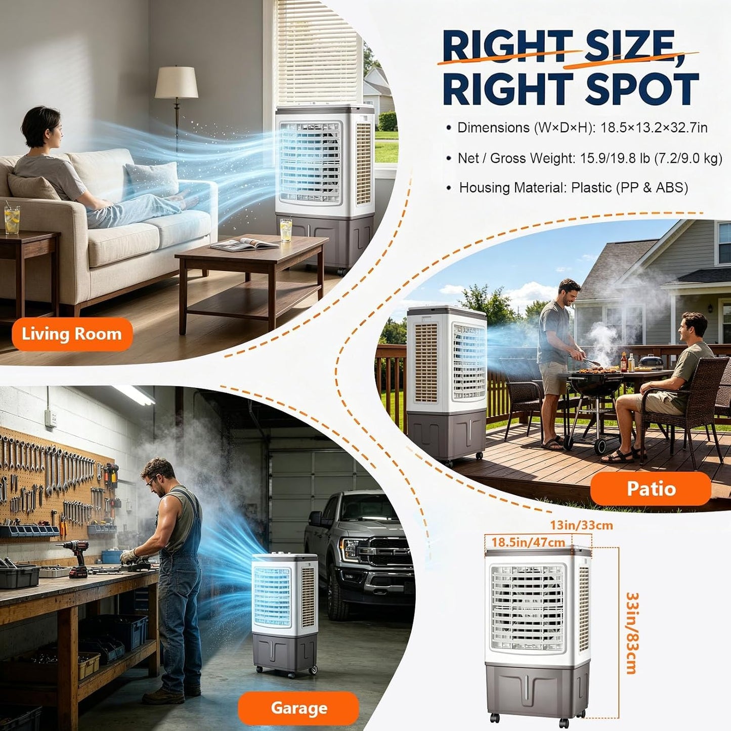 GENERIC Ventilateur Refroidisseur D'air Par évaporation Portable, Réservoir D'eau 30 L, Rideau Triple Face 1758 CFM, Oscillation 120°, 3 Vitesses, Sans Tuyau, 100 W, For Maison, Bureau, Terrasse