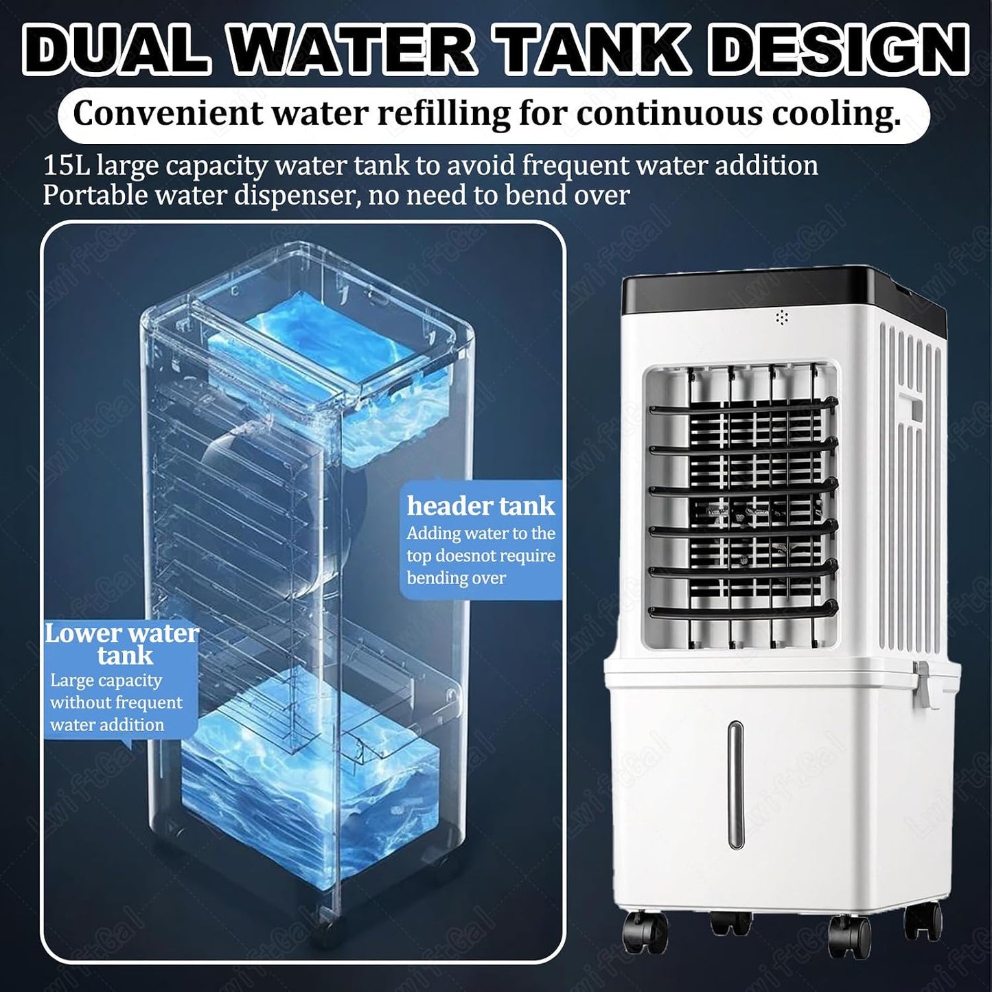 Climatiseur Mobile, 3 Modes & 3 Vitesse, 4 Boîtes Des Glacières, Grand Réservoir D'eau, Fonction D'Oscillation, Refroidisseur D'air Évaporation Avec Écran Pour Chambre Bureau