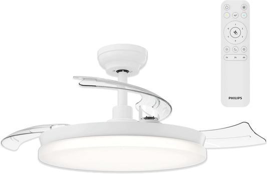  PHILIPS Solr Ventilateur à Pales Rétractables Avec LED, 3 Pales, Envergure 106 Cm, 4500 Lumens, 3 Nuances De Lumière Blanche (2700 K/4000 K/5500 K), Gradation Jusqu'à 10%, Avec Télécommande, Blanc