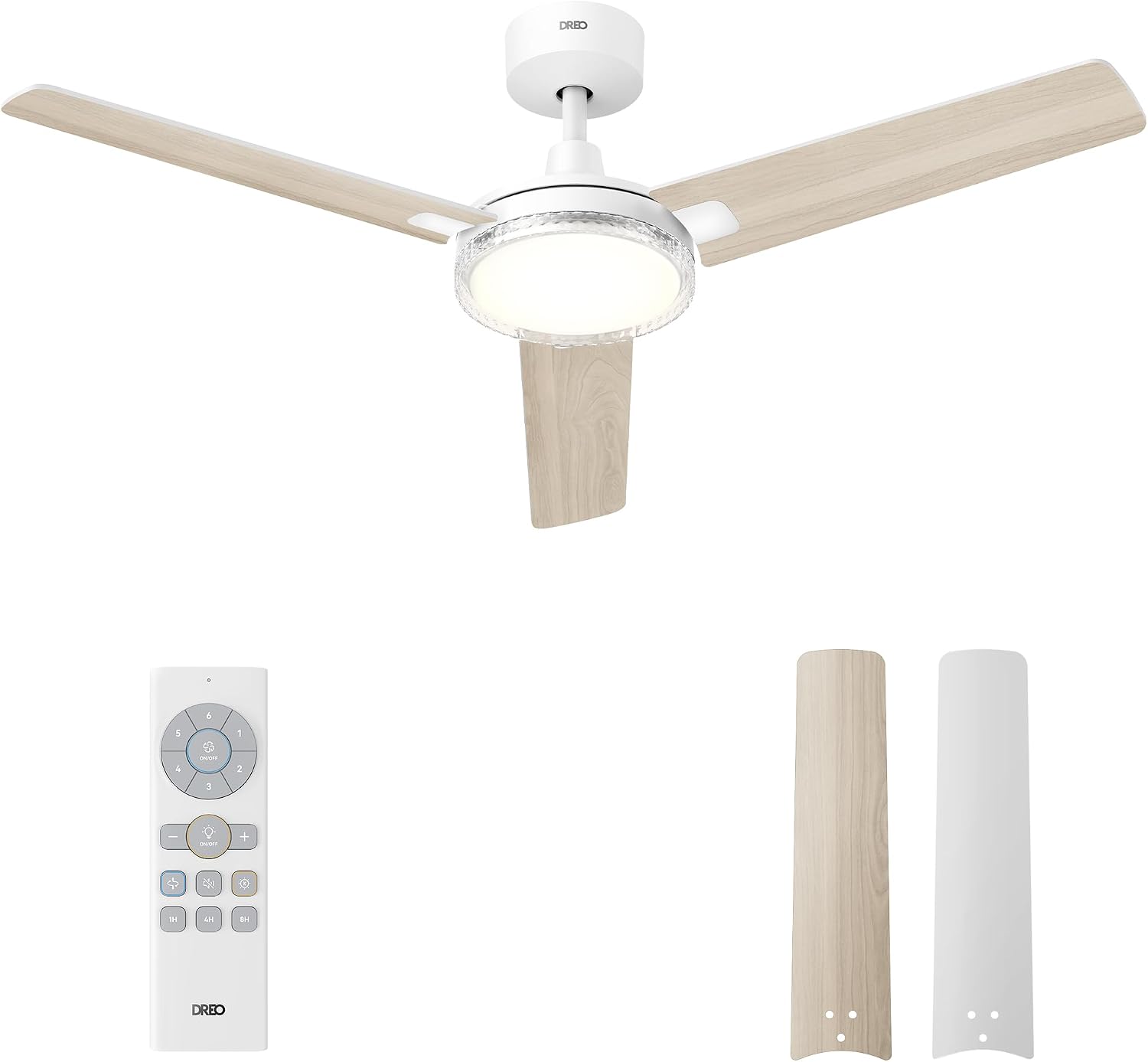  DREO Ventilateur De Plafond Avec Lumière Et Télécommande 132 Cm, Ventilateur Blanc, 5 Températures De Couleur CCT, LED Dimmable 6 Niveaux, 6 Vitesses, Moteur CC Réversible Silencieux, Minuterie 1/4/8h