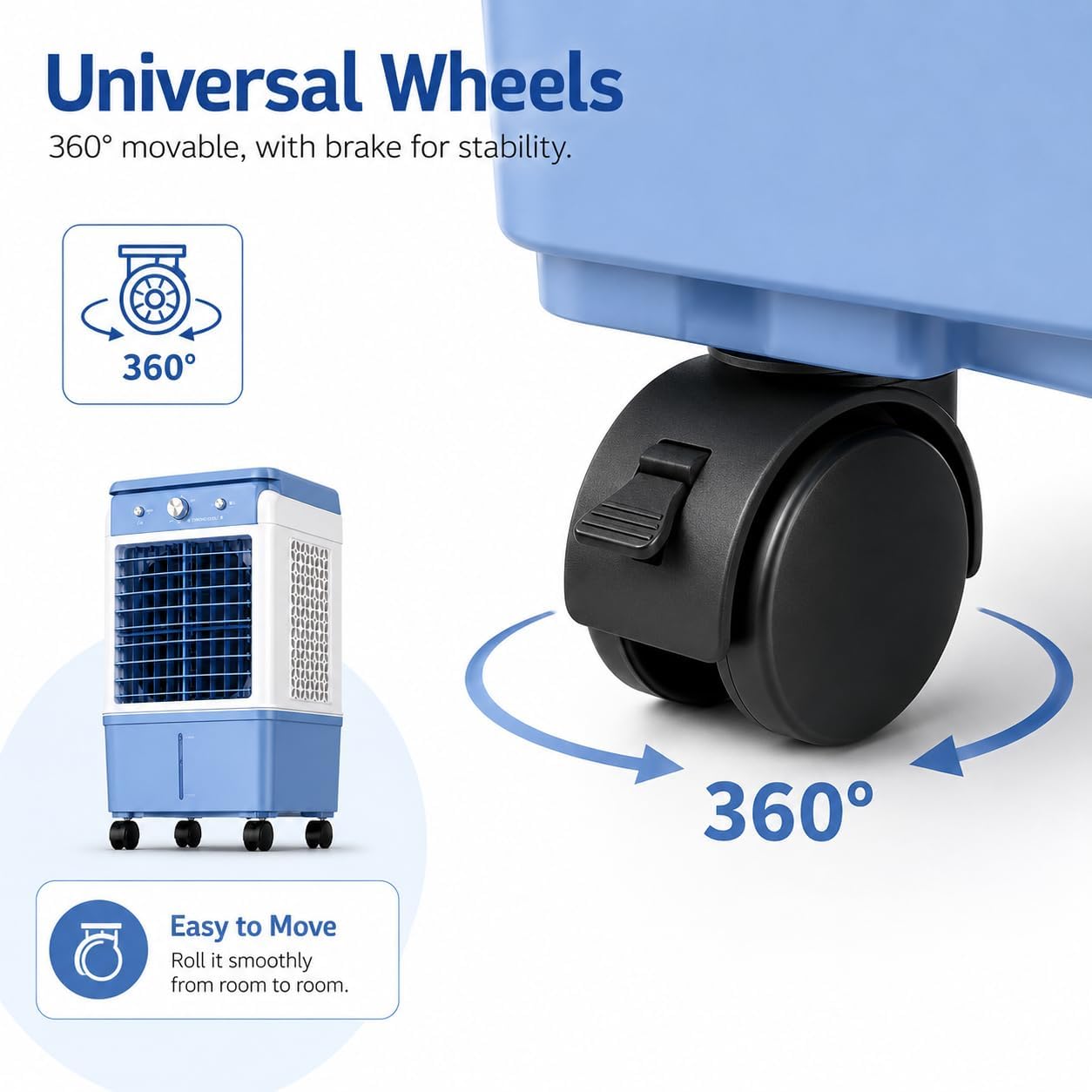  Rafraîchisseur D’Air Évaporatif Avec Grand Réservoir D’Eau, Refroidisseur D'air Mobile Avec Roulettes, Panneau De Contrôle Simple, Pour Maison Chambre Salon Bureau Blue B