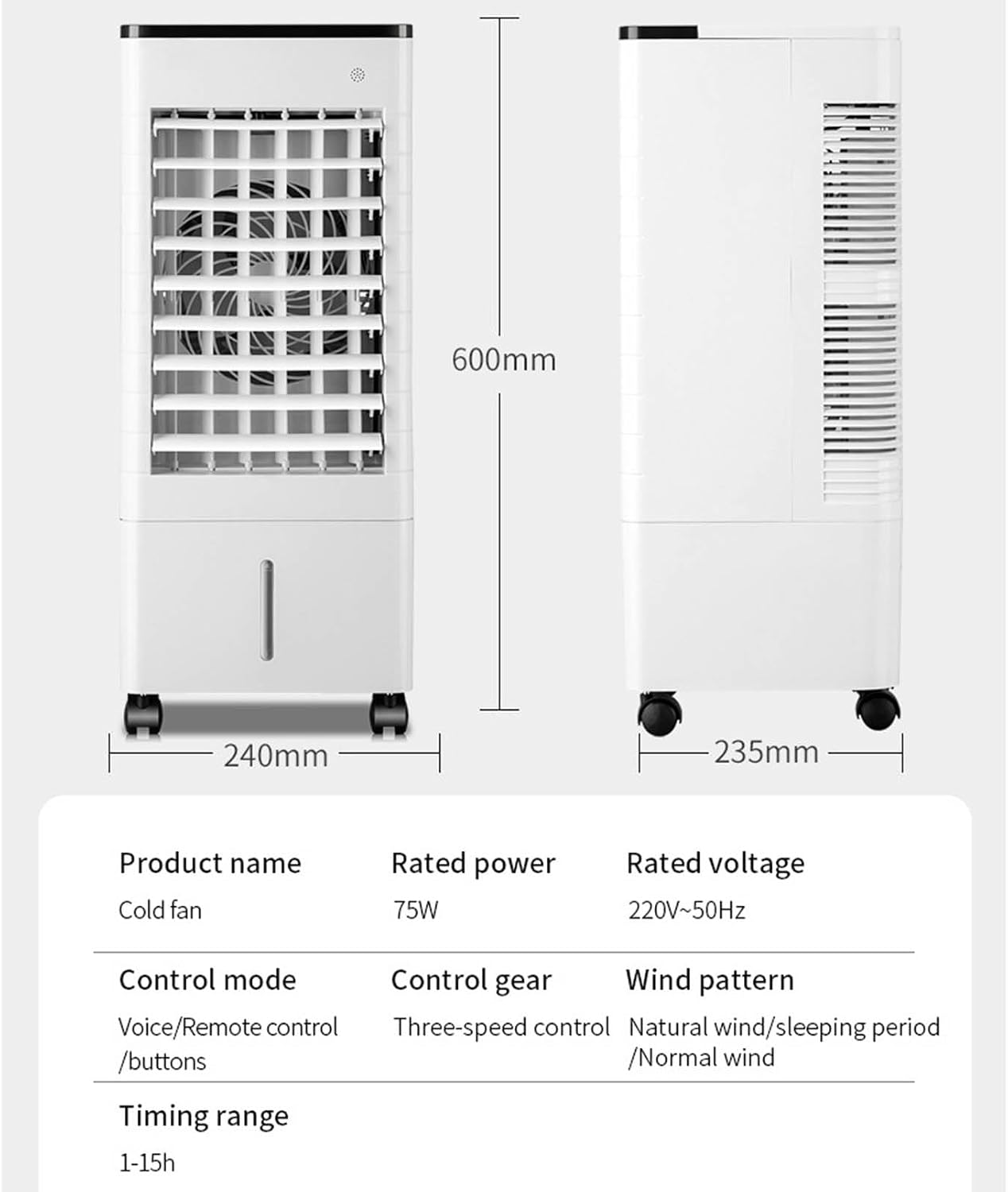 GENERIC Climatiseur Portable, Refroidisseur D'air 3 En 1 Avec Réservoir De 9 L, Minuterie 15 H, Télécommande, Ventilateur à 3 Vitesses Pour Chambre Et Bureau