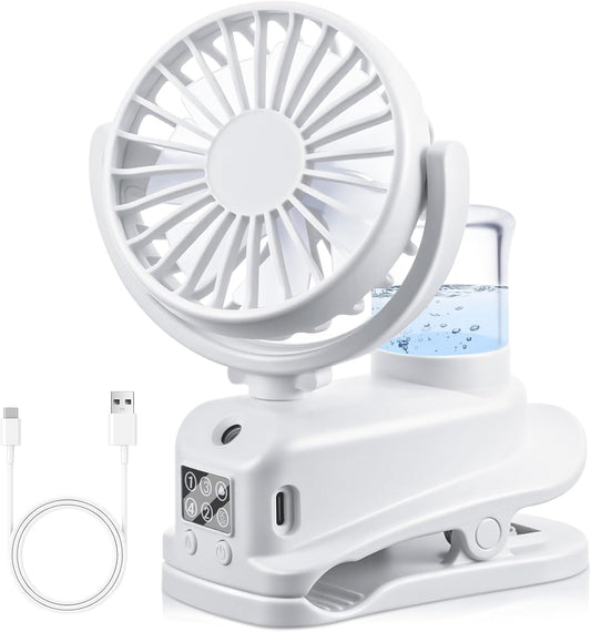  JIZZU Ventilateur à Pince, Mini Ventilateur Rechargeable Par USB Avec Spray Humidificateur, à 4 Vitesses Avec Clip, Affichage LED, Small Table Fan Pour Bureau, Maison, Camping - Blanc
