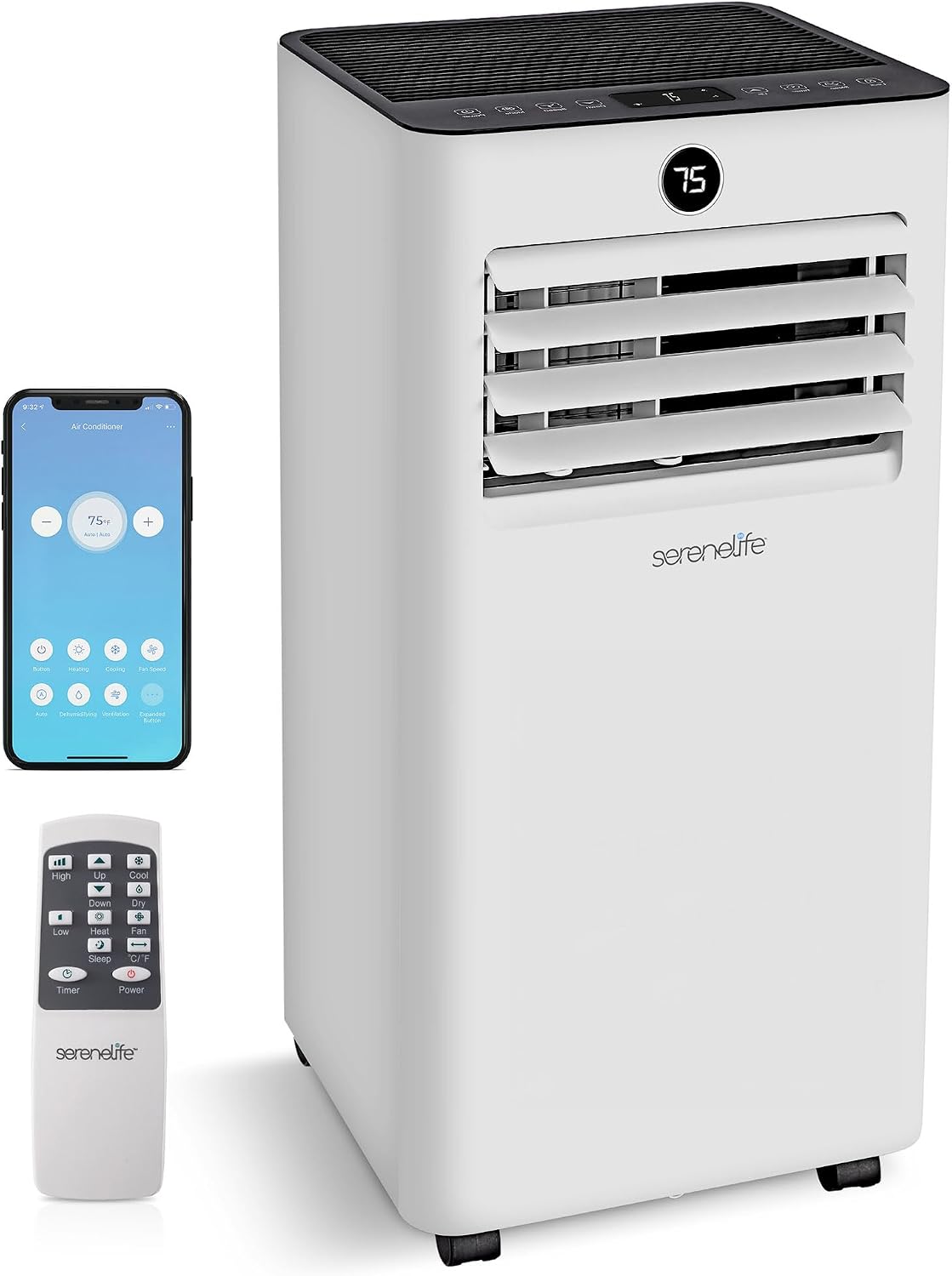  SereneLife Climatiseur Mobile WiFi 9000 BTU 4 En 1 – Silencieux Avec Chauffage Déshumidificateur Kit Fenêtre Roulettes Pour Chambre Bureau Maison Blanc