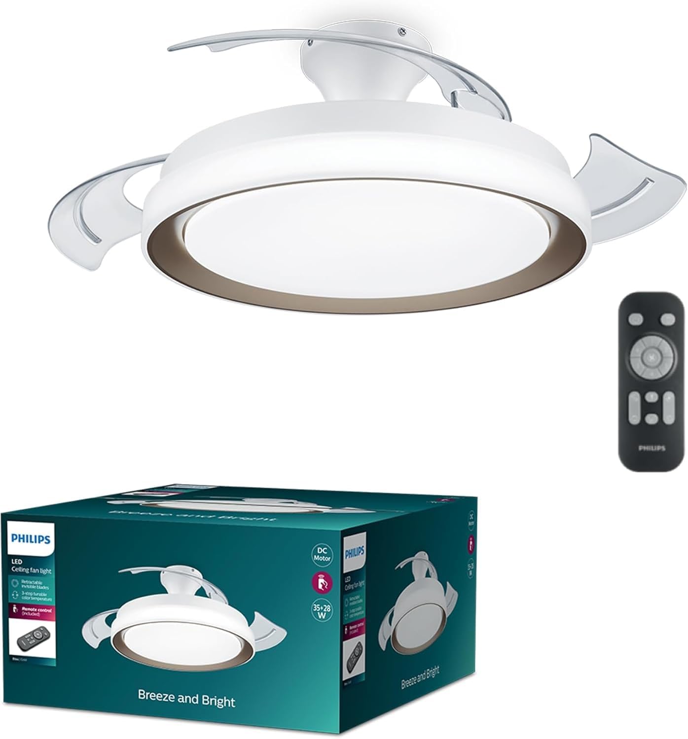  PHILIPS Solr Ventilateur à Pales Rétractables Avec LED, 3 Pales, Envergure 106 Cm, 4500 Lumens, 3 Nuances De Lumière Blanche (2700 K/4000 K/5500 K), Gradation Jusqu'à 10%, Avec Télécommande, Blanc