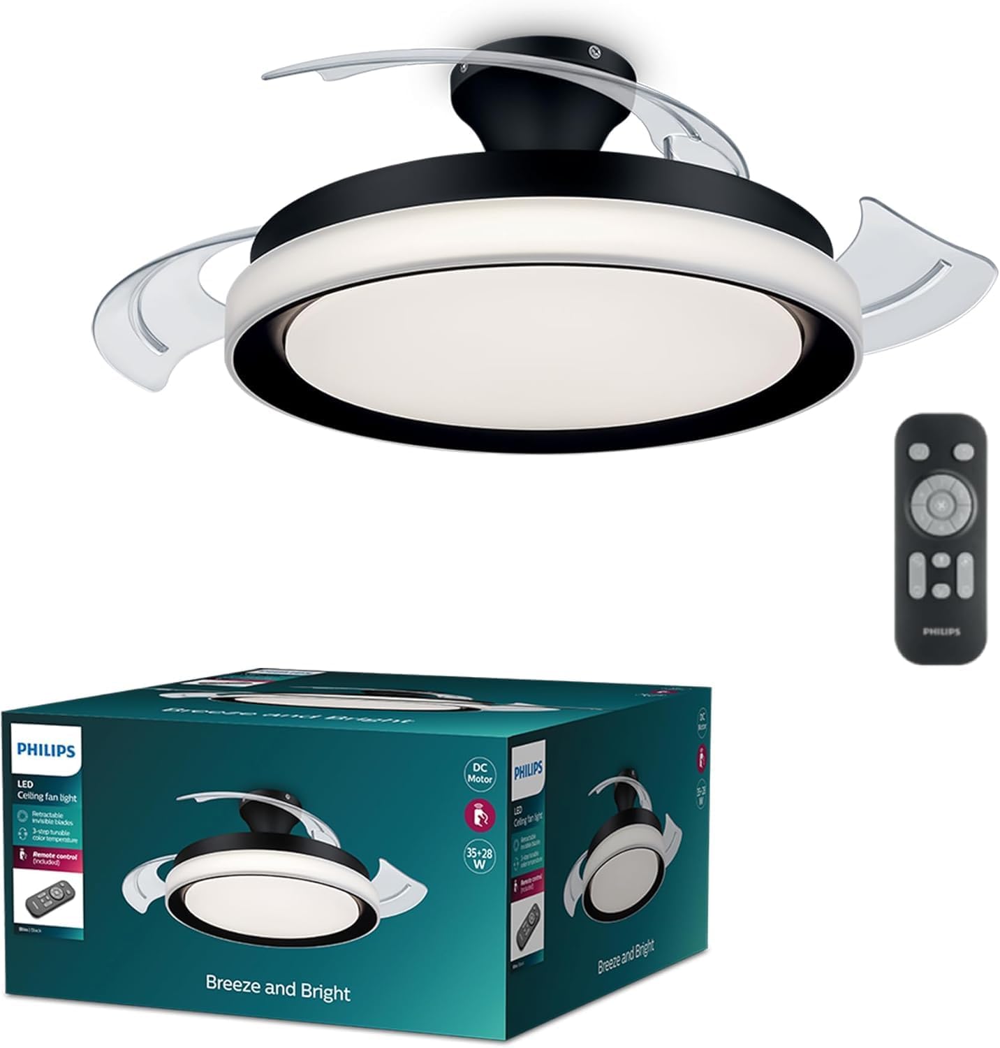  PHILIPS Solr Ventilateur à Pales Rétractables Avec LED, 3 Pales, Envergure 106 Cm, 4500 Lumens, 3 Nuances De Lumière Blanche (2700 K/4000 K/5500 K), Gradation Jusqu'à 10%, Avec Télécommande, Blanc
