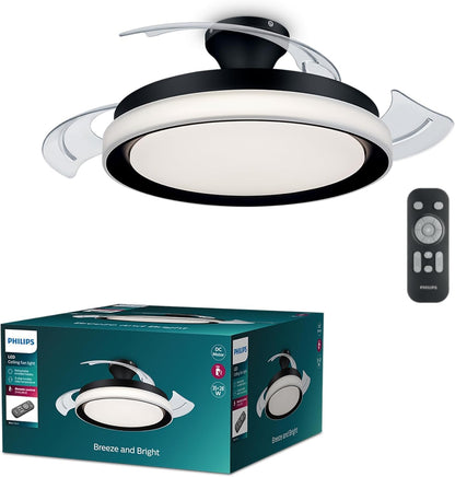 PHILIPS Solr Ventilateur à Pales Rétractables Avec LED, 3 Pales, Envergure 106 Cm, 4500 Lumens, 3 Nuances De Lumière Blanche (2700 K/4000 K/5500 K), Gradation Jusqu'à 10%, Avec Télécommande, Blanc