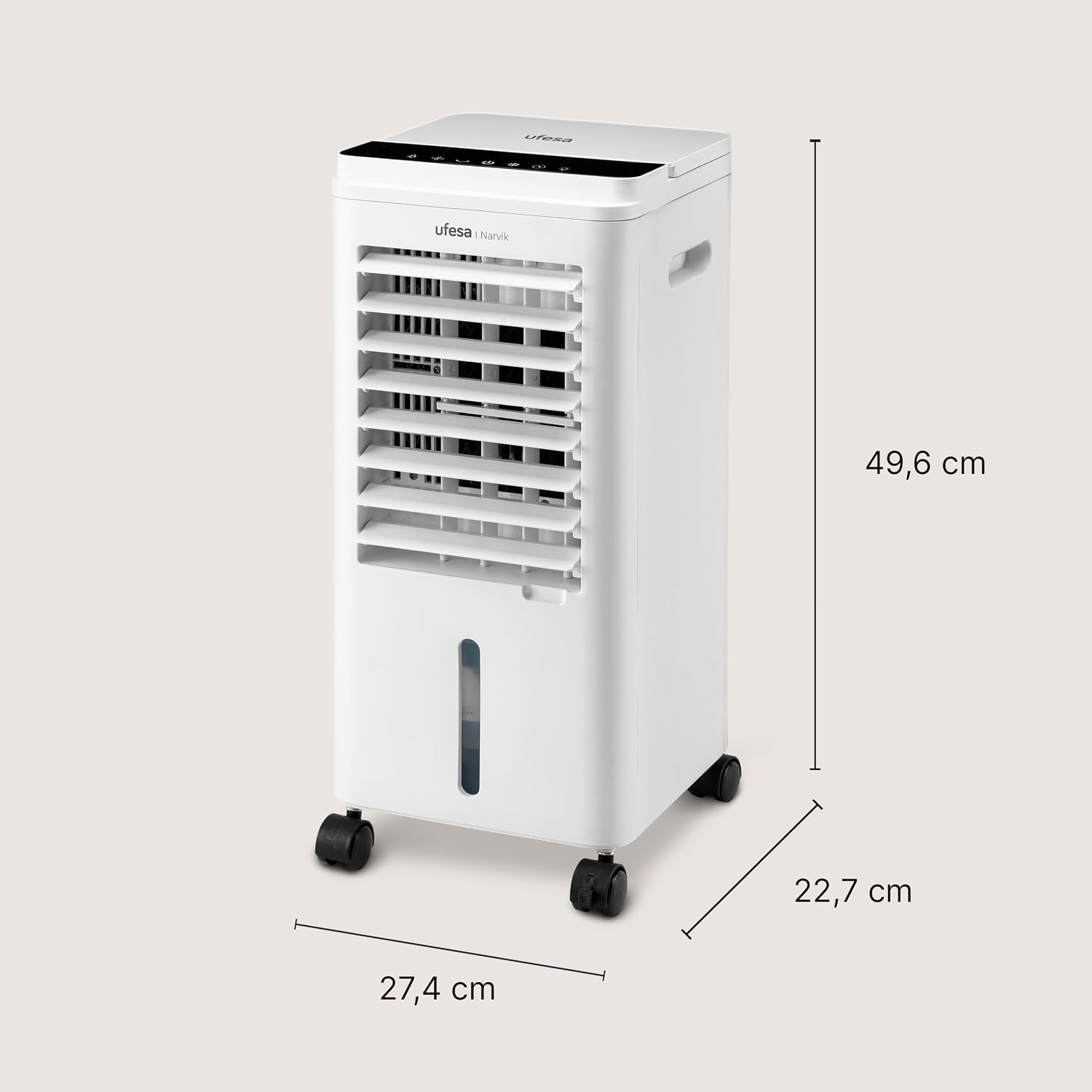  Ufesa Narvik Rafraîchisseur D’Air Évaporatif, 65W, Fonction Air Froid Et Ventilateur, 3 Vitesses, 3 Modes, Panneau Tactile, Réservoir De 5L, Minuteur 12h, Filtre Lavable, Télécommande