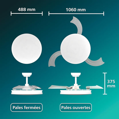  PHILIPS Solr Ventilateur à Pales Rétractables Avec LED, 3 Pales, Envergure 106 Cm, 4500 Lumens, 3 Nuances De Lumière Blanche (2700 K/4000 K/5500 K), Gradation Jusqu'à 10%, Avec Télécommande, Blanc
