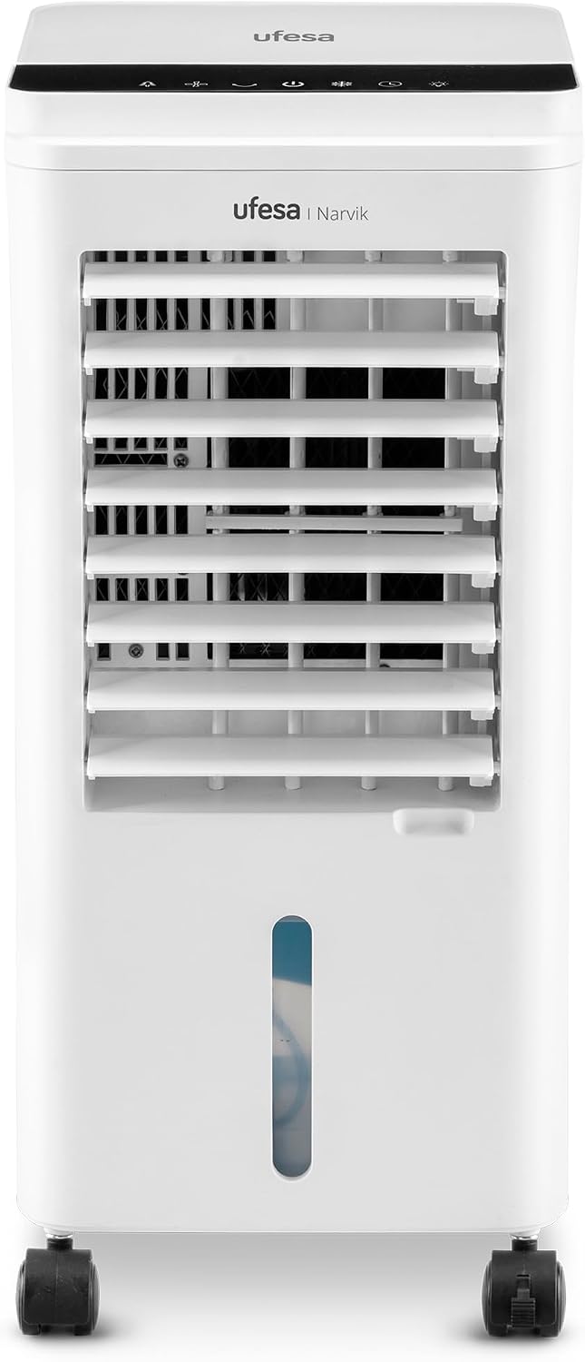  Ufesa Narvik Rafraîchisseur D’Air Évaporatif, 65W, Fonction Air Froid Et Ventilateur, 3 Vitesses, 3 Modes, Panneau Tactile, Réservoir De 5L, Minuteur 12h, Filtre Lavable, Télécommande