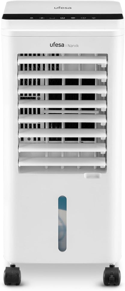 Ufesa Narvik Rafraîchisseur D’Air Évaporatif, 65W, Fonction Air Froid Et Ventilateur, 3 Vitesses, 3 Modes, Panneau Tactile, Réservoir De 5L, Minuteur 12h, Filtre Lavable, Télécommande