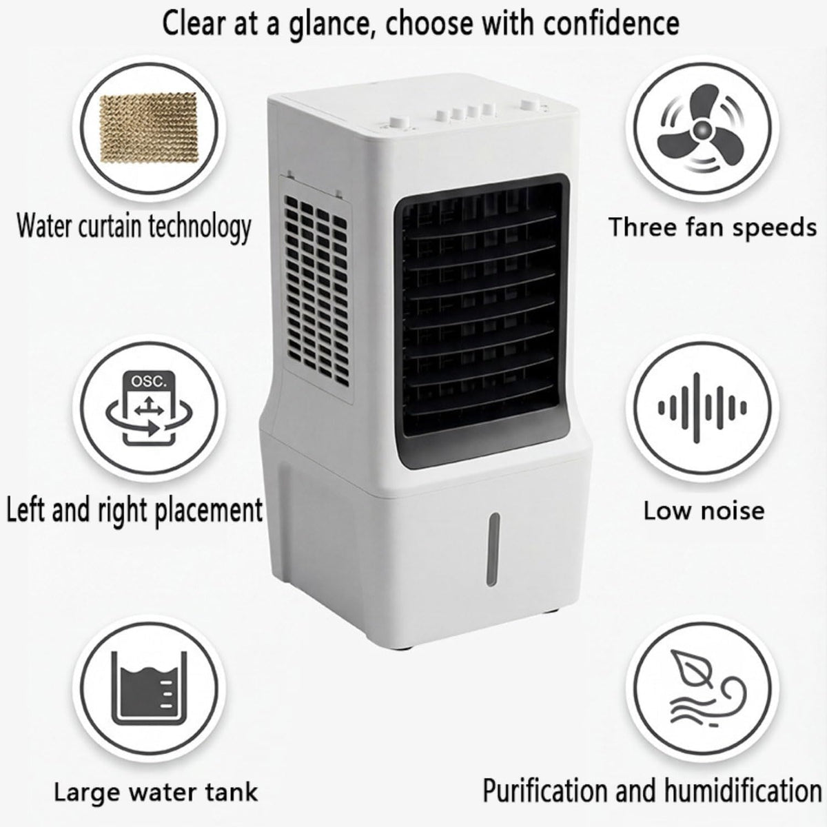 GENERIC Réservoir D'air évaporatif Portable 12L, Refroidisseur D'air Silencieux Avec Fonction Pivotante à 60 °, Humidificateur Et Ventilateur Pour Chambre Et Bureau, économe En énergie