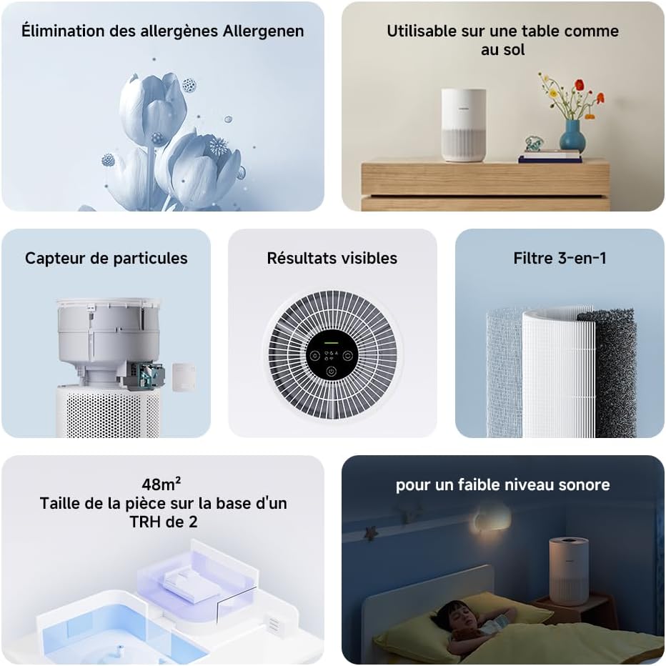  Xiaomi Purificateur D'Air Intelligent 4 Compact Pour Chambre,Filtre HEPA, CADR 230 M³/h, Silencieux，Élimine 99,97% Pollen/poils Animaux/Fumée/Poussière,Mode Sommeil Table/lit, Contrôle App/vocal