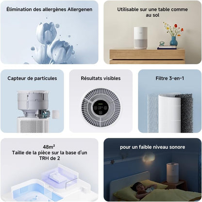  Xiaomi Purificateur D'Air Intelligent 4 Compact Pour Chambre,Filtre HEPA, CADR 230 M³/h, Silencieux，Élimine 99,97% Pollen/poils Animaux/Fumée/Poussière,Mode Sommeil Table/lit, Contrôle App/vocal