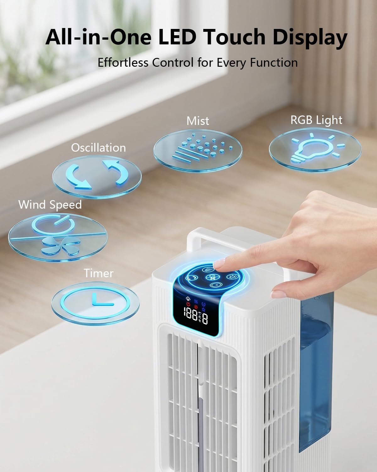  Climatiseur Portable De 2000 Ml, Mini Climatiseur Par évaporation Avec Oscillation De 120°, 7 Modes D'éclairage RVB, 4 Vitesses Et Minuterie De 1 à 8 H Pour Chambre à Coucher Et Bureau