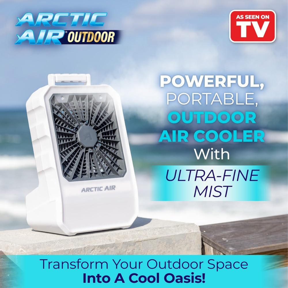  Arctic Air Refroidisseur évaporatif Pour Extérieur, Portable Et Ultra Silencieux Avec 4 Vitesses De Ventilateur, Rechargeable Par USB, Batterie De 6 Heures, Idéal Pour La Plage, La Piscine, La