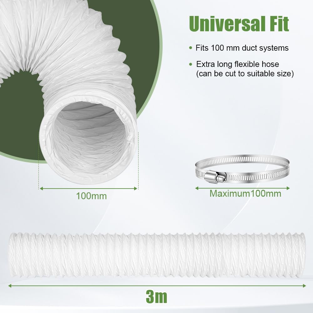  Tube Evacuation Climatiseur Mobile, Tuyau Ventilation En PVC, Ø100 mm, Tuyau D'évacuation D'air Flexible Avec Collier De Serrage Inox, Pour Climatisation Sèche-Linge Extracteur D'Air(3M)