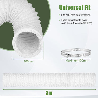  Tube Evacuation Climatiseur Mobile, Tuyau Ventilation En PVC, Ø100 mm, Tuyau D'évacuation D'air Flexible Avec Collier De Serrage Inox, Pour Climatisation Sèche-Linge Extracteur D'Air(3M)