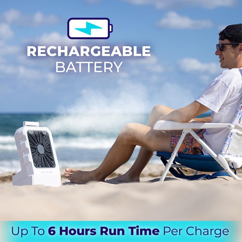  Arctic Air Refroidisseur évaporatif Pour Extérieur, Portable Et Ultra Silencieux Avec 4 Vitesses De Ventilateur, Rechargeable Par USB, Batterie De 6 Heures, Idéal Pour La Plage, La Piscine, La