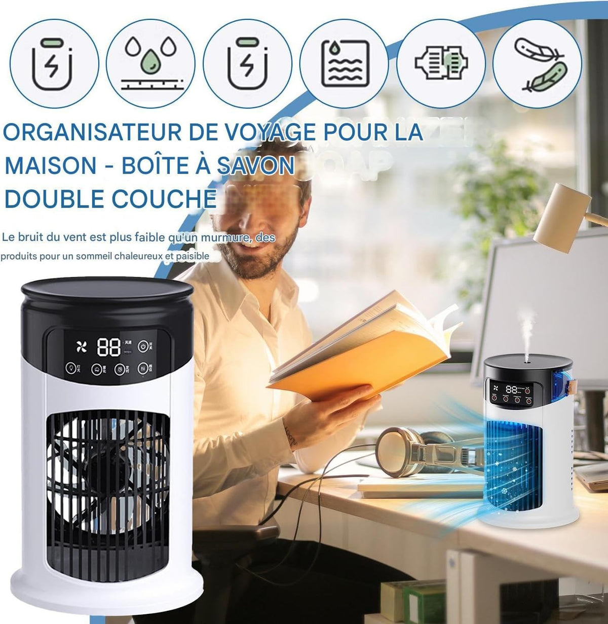  Générique Ventilateur Rafraîchissant,Climatiseur Portable Ventilateur Rafraîchissant | Appareil De Bureau Réglable Silencieux Et Portable Pour Maison Bureau Intérieur Extérieur Camping