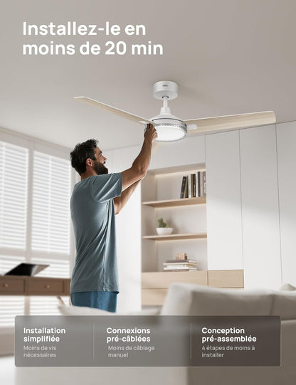  DREO Ventilateur De Plafond Avec Lumière Et Télécommande 132 Cm, Ventilateur Blanc, 5 Températures De Couleur CCT, LED Dimmable 6 Niveaux, 6 Vitesses, Moteur CC Réversible Silencieux, Minuterie 1/4/8h