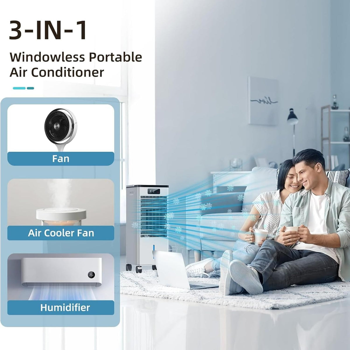  Climatiseur Mobile, 3 En 1 Rafraichisseur D'air Silencieux Sans Évacuation Avec 10L Large Réservoir D'eau, 3 Vitesses, 60°Oscillation, Climatiseur Portable