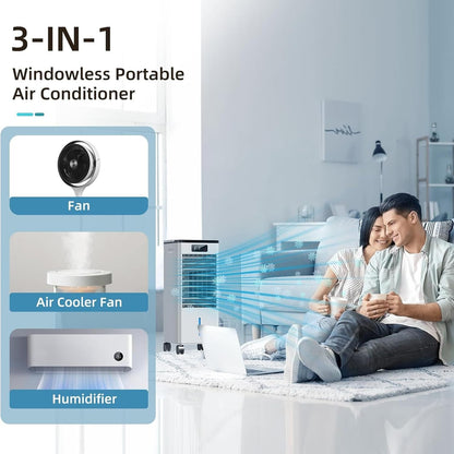  Climatiseur Mobile, 3 En 1 Rafraichisseur D'air Silencieux Sans Évacuation Avec 10L Large Réservoir D'eau, 3 Vitesses, 60°Oscillation, Climatiseur Portable
