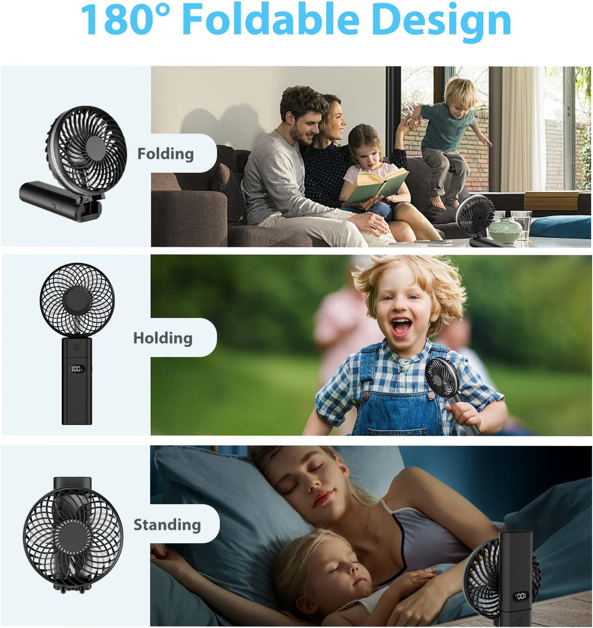  Jonwall Mini Ventilateur De Bureau Portable USB Rechargeable à Piles 5200mAh Avec Fonction De Banque D'alimentation 5 Vitesses Pliable Personnel Noir