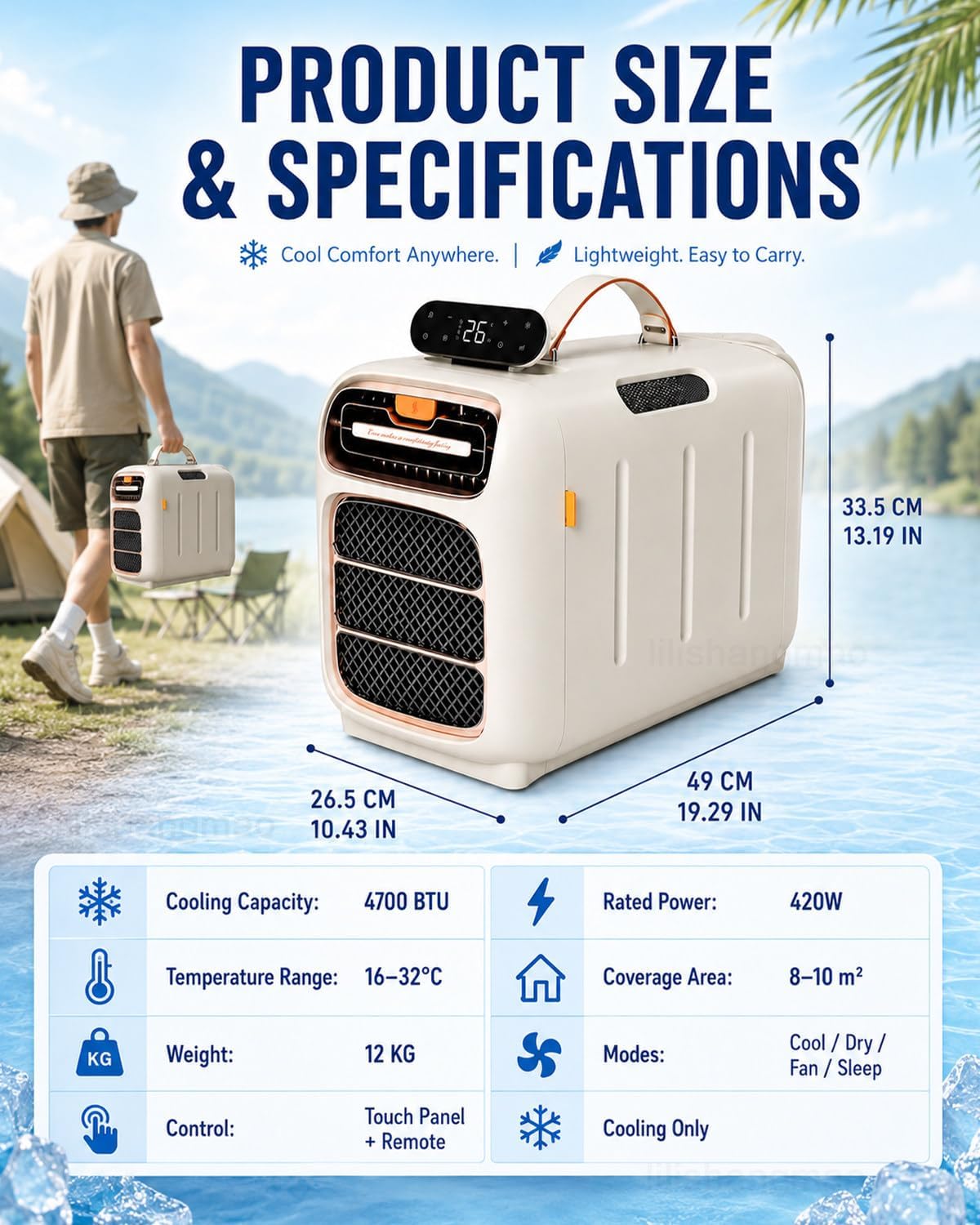  Climatiseur Mobile 4700 BTU, Climatiseur De Camping à Double Tuyau Avec 4 Modes, 3 Vitesses, Minuterie Et Télécommande Pour Tente, Van Et Caravane