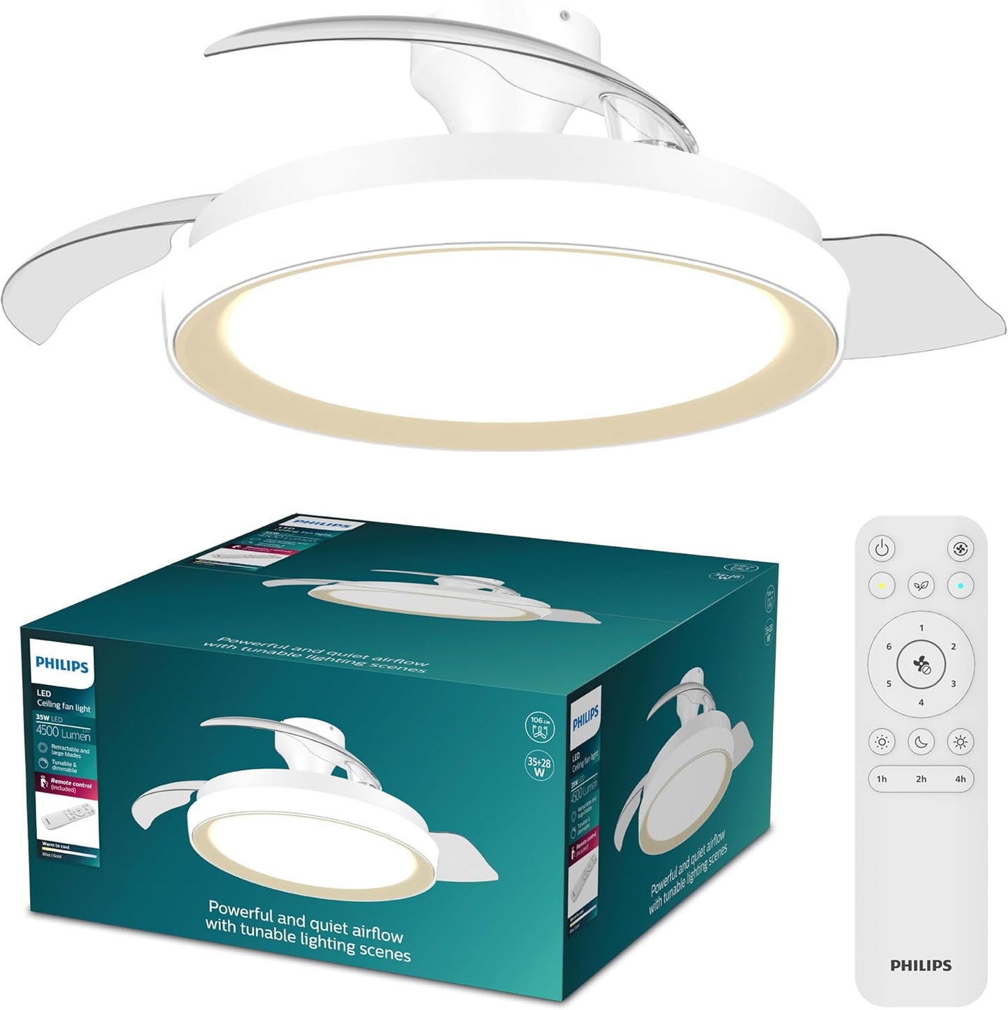 PHILIPS Solr Ventilateur à Pales Rétractables Avec LED, 3 Pales, Envergure 106 Cm, 4500 Lumens, 3 Nuances De Lumière Blanche (2700 K/4000 K/5500 K), Gradation Jusqu'à 10%, Avec Télécommande, Blanc