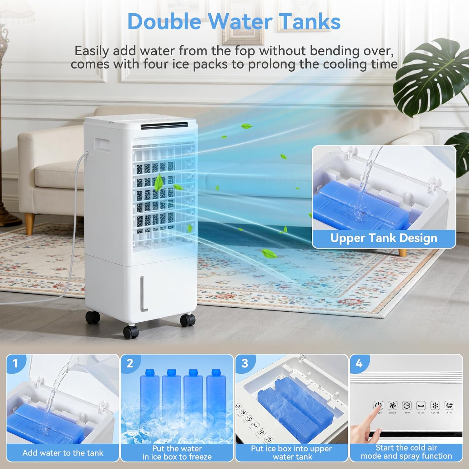 GENERIC Refroidisseur D'air Par évaporation, Refroidisseur Portable De 7 L Avec 3 Vitesses De Ventilateur, 4 Blocs De Glace, Télécommande Et Minuterie De 7,5 H, Affichage LED, Humidification Et Oscillation