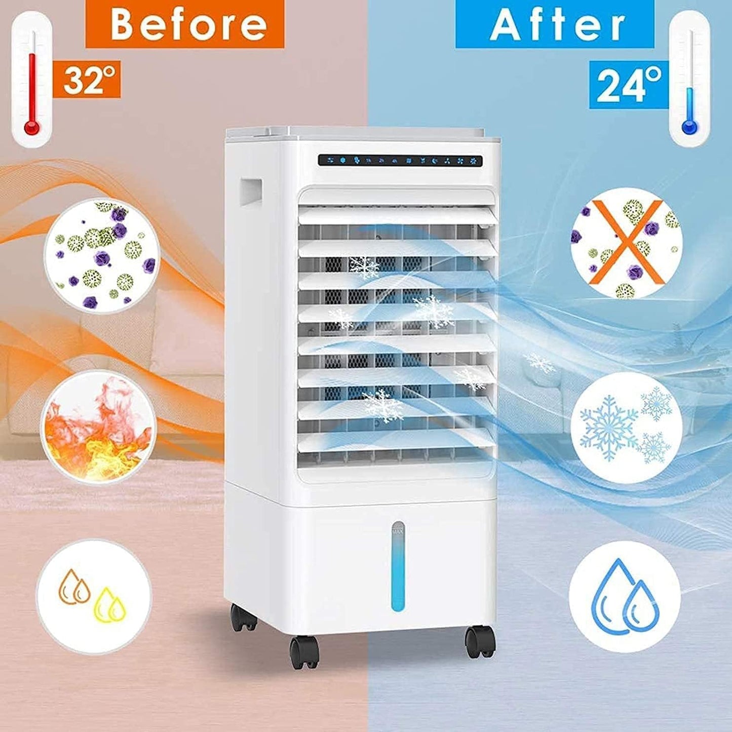  Climatiseur Portable, Purificateur D'air Et Humidificateur Mobile Avec Roulettes, Double Réservoir D'eau De 5 L, 3 Modes, 3 Vitesses, Télécommande