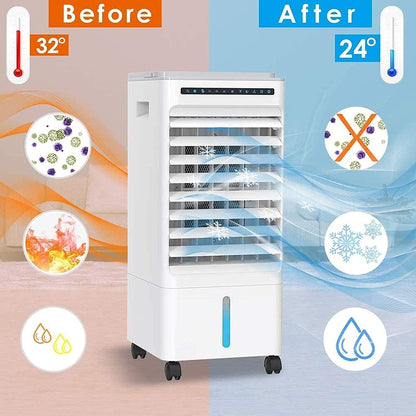  Climatiseur Portable, Purificateur D'air Et Humidificateur Mobile Avec Roulettes, Double Réservoir D'eau De 5 L, 3 Modes, 3 Vitesses, Télécommande