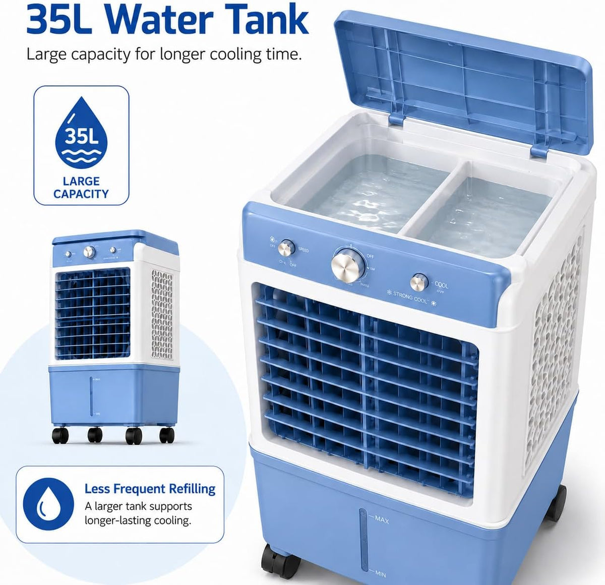  Rafraîchisseur D’Air Évaporatif Avec Grand Réservoir D’Eau, Refroidisseur D'air Mobile Avec Roulettes, Panneau De Contrôle Simple, Pour Maison Chambre Salon Bureau Blue B