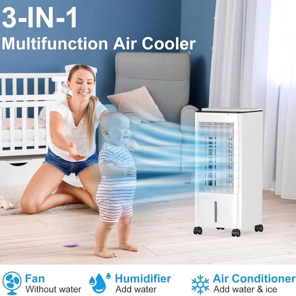 GENERIC Climatiseur Portable, Refroidisseur D'air 3 En 1 Avec Réservoir De 9 L, Minuterie 15 H, Télécommande, Ventilateur à 3 Vitesses Pour Chambre Et Bureau