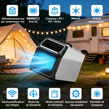  Climatiseur Portable Camping Car 5000 BTU, Climatiseur Pour Camping-Car Tente Camion Voiture, Refroidissement Rapide, Déshumidification, Climatiseur Mobile Silencieux 52 DB, Intérieur Extérieur Silver