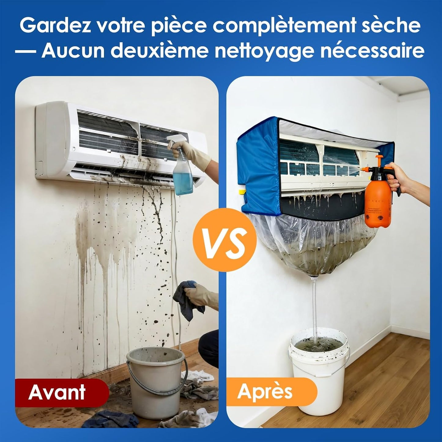  Kit Entretien Climatisation, Kit De Nettoyage Climatisation Split Pour Climatiseur, Bache Nettoyage Clim Avec Parois Latérales Renforcées (Bleu Et Blanc Transparent, Type C)