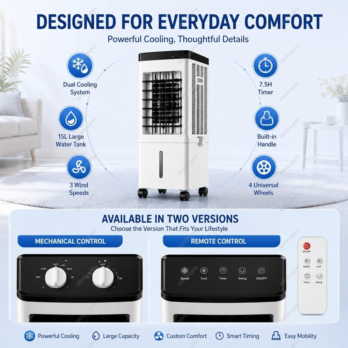  Ventilateur Climatiseur Portable 15L, Rafraîchisseur D'air Par évaporation Sans Fenêtre, 3 Vitesses Et Minuterie 7,5 H Pour Appartement, Chambre Ou Bureau RemoteControl