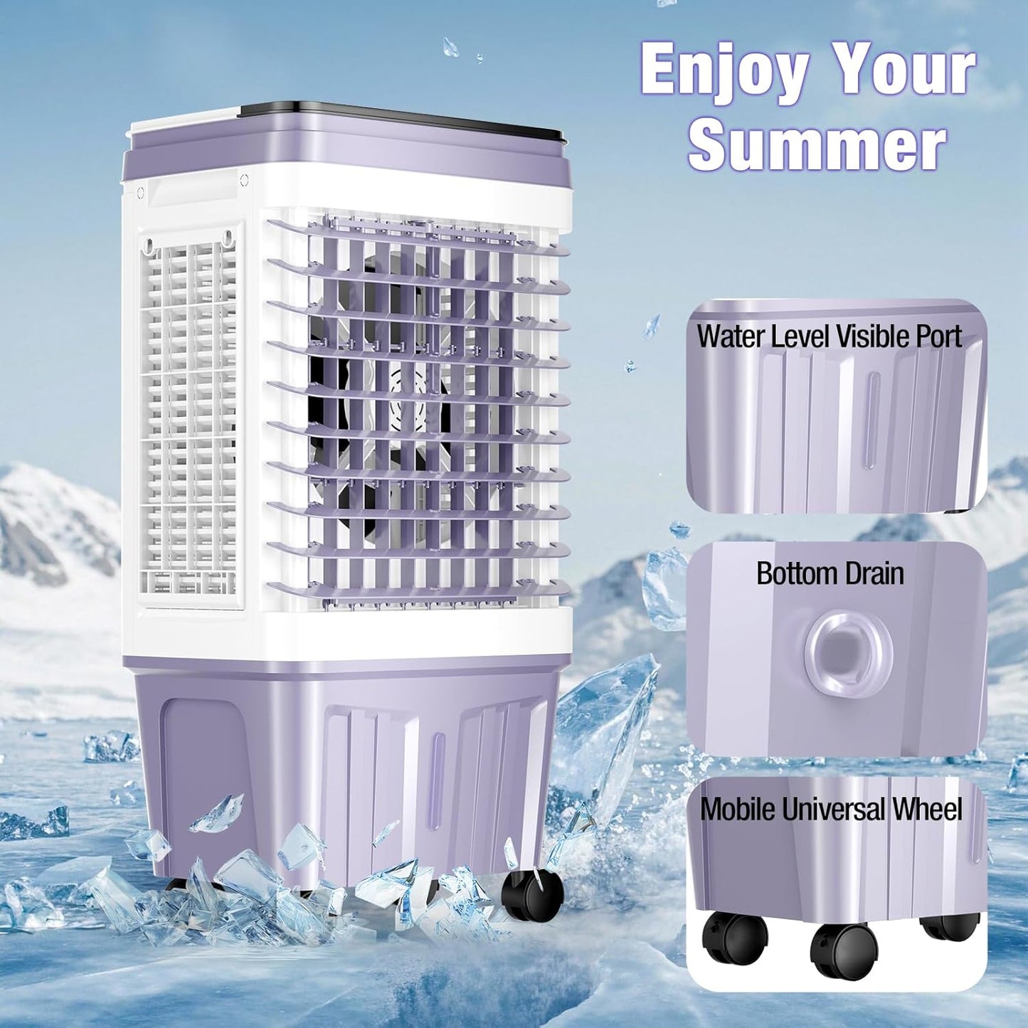  Swamp Cooler, Climatiseur Portable 2 500 CFM, Refroidisseur D'air évaporatif Avec Réservoir D'eau De 6,87 Gallons, 3 Vitesses Et 4 Modes, Oscillation à 120°, Refroidisseur D'air Avec Minuterie De