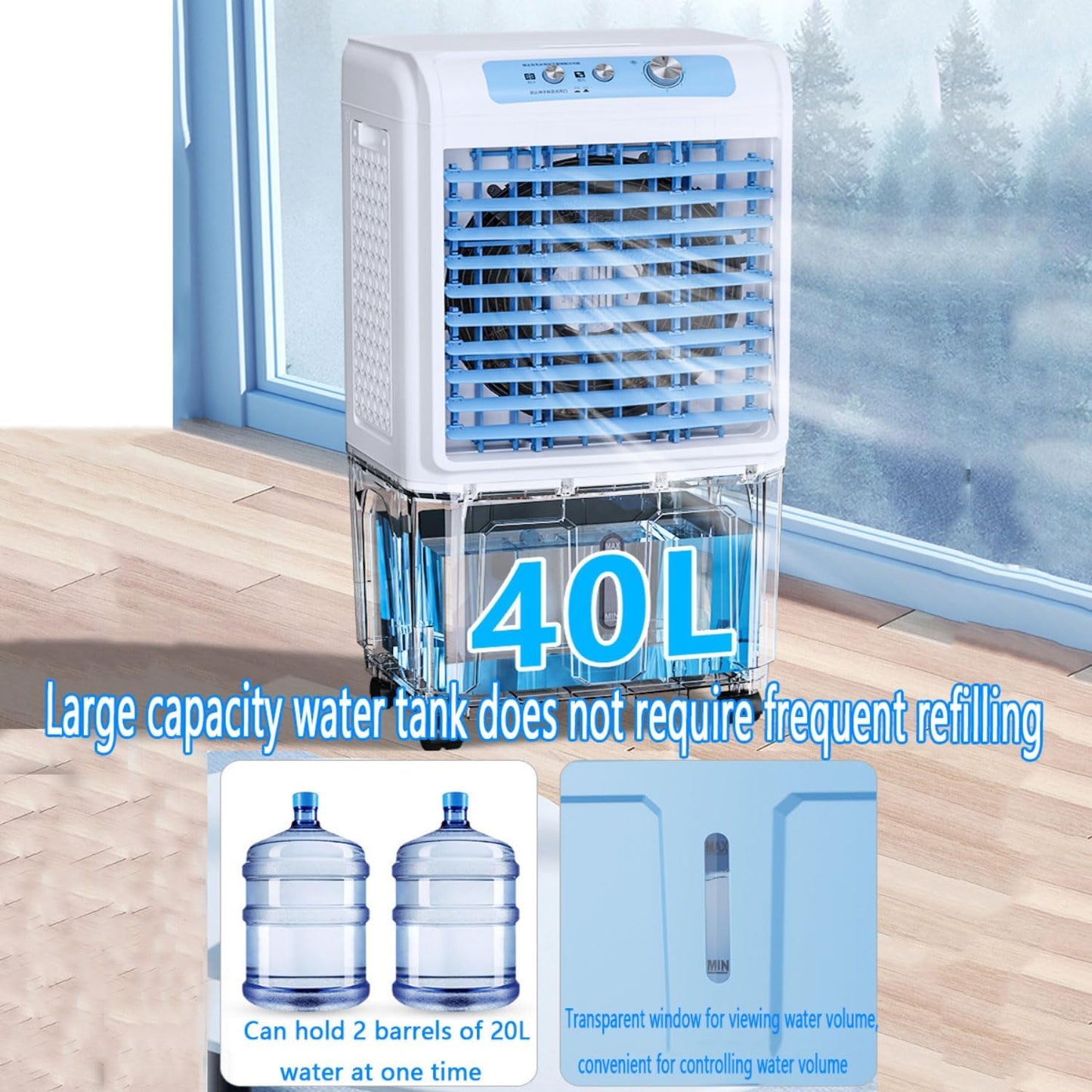 GENERIC Réservoir De Refroidisseur D'air évaporatif Portable 40L, 120 Ventilateur Oscillant, Refroidissement De Pack De Glace, Télécommande, Fonctionnement Silencieux Pour Garage Yard Office, Machine De Ruste