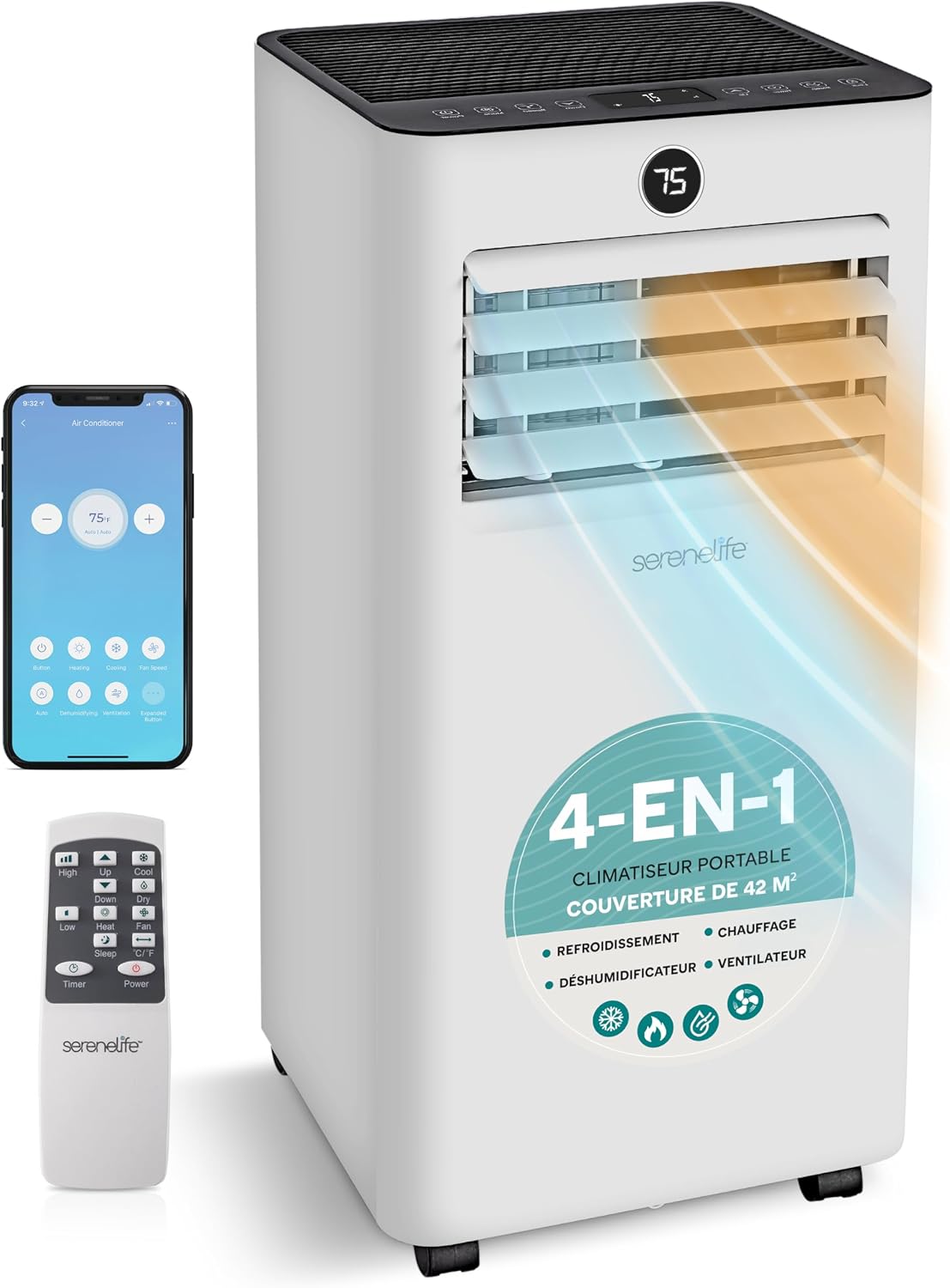  SereneLife Climatiseur Mobile WiFi 9000 BTU 4 En 1 – Silencieux Avec Chauffage Déshumidificateur Kit Fenêtre Roulettes Pour Chambre Bureau Maison Blanc