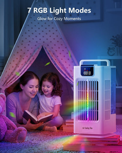  Climatiseur Portable De 2000 Ml, Mini Climatiseur Par évaporation Avec Oscillation De 120°, 7 Modes D'éclairage RVB, 4 Vitesses Et Minuterie De 1 à 8 H Pour Chambre à Coucher Et Bureau