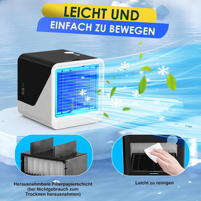  Climatiseur Mobile 3 En 1, USB Rafraîchisseur D’Air Sans Évacuation, 500ML, 3 Vitesses, Lumière LED 7 Couleurs, Ventilateur Silencieux Par Eau Pour Chambre Et Bureau