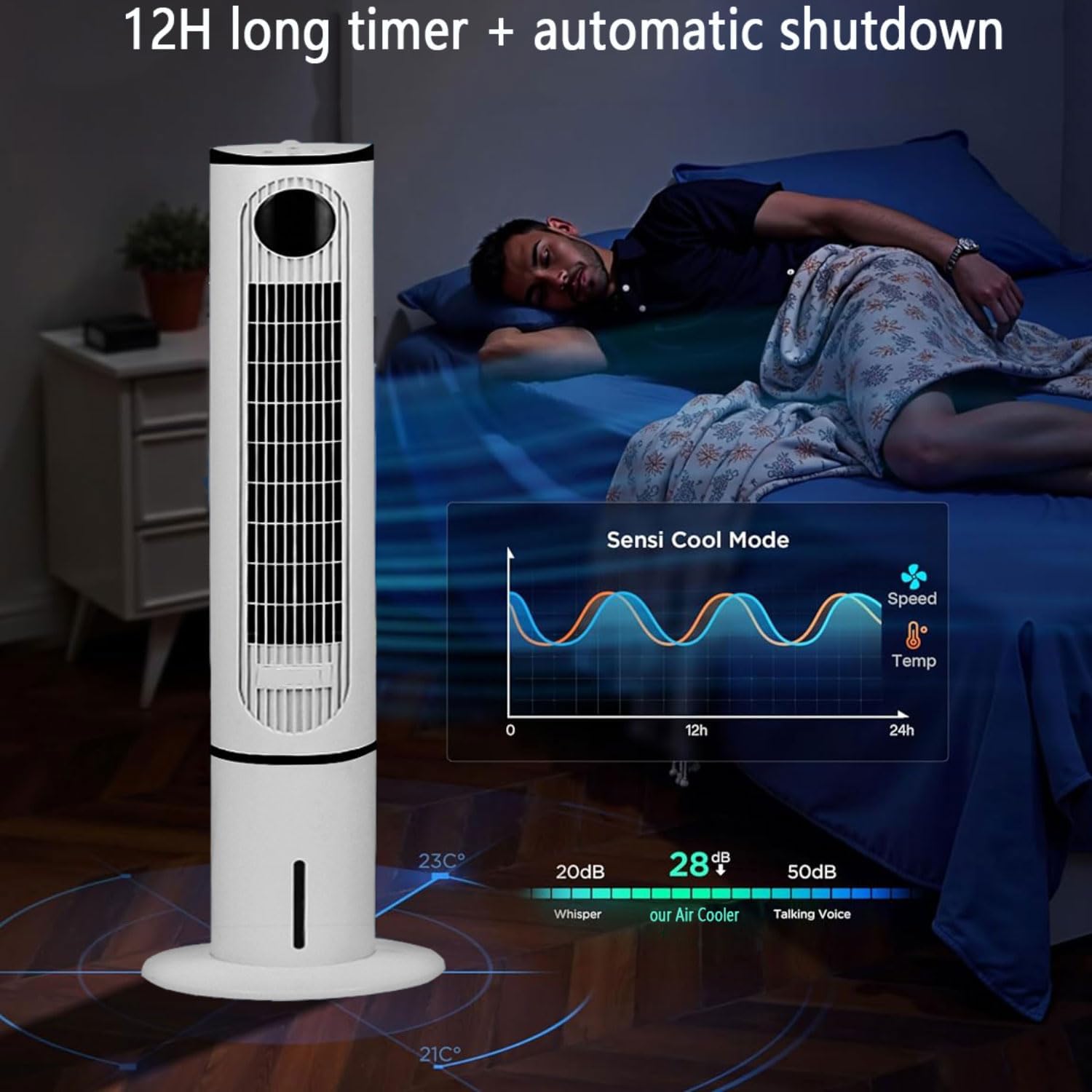 GENERIC Ventilateur De Tour De Refroidisseur D'air évaporatif Portable, 3 Vitesses De Sommeil Mode Silencieux, Télécommande, 80 Oscillation, 12H Minuterie Pour Bureau à Coucher Utilisation à La Maison